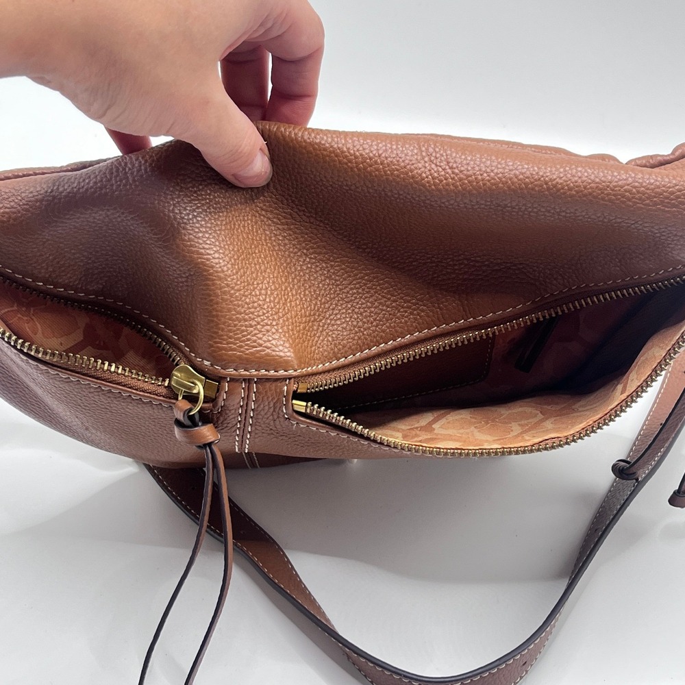 Lucky Brand Cognac Pebbled Leather Belt Bag Fanny Pack Brown White Stitching - Picture 7 of 9